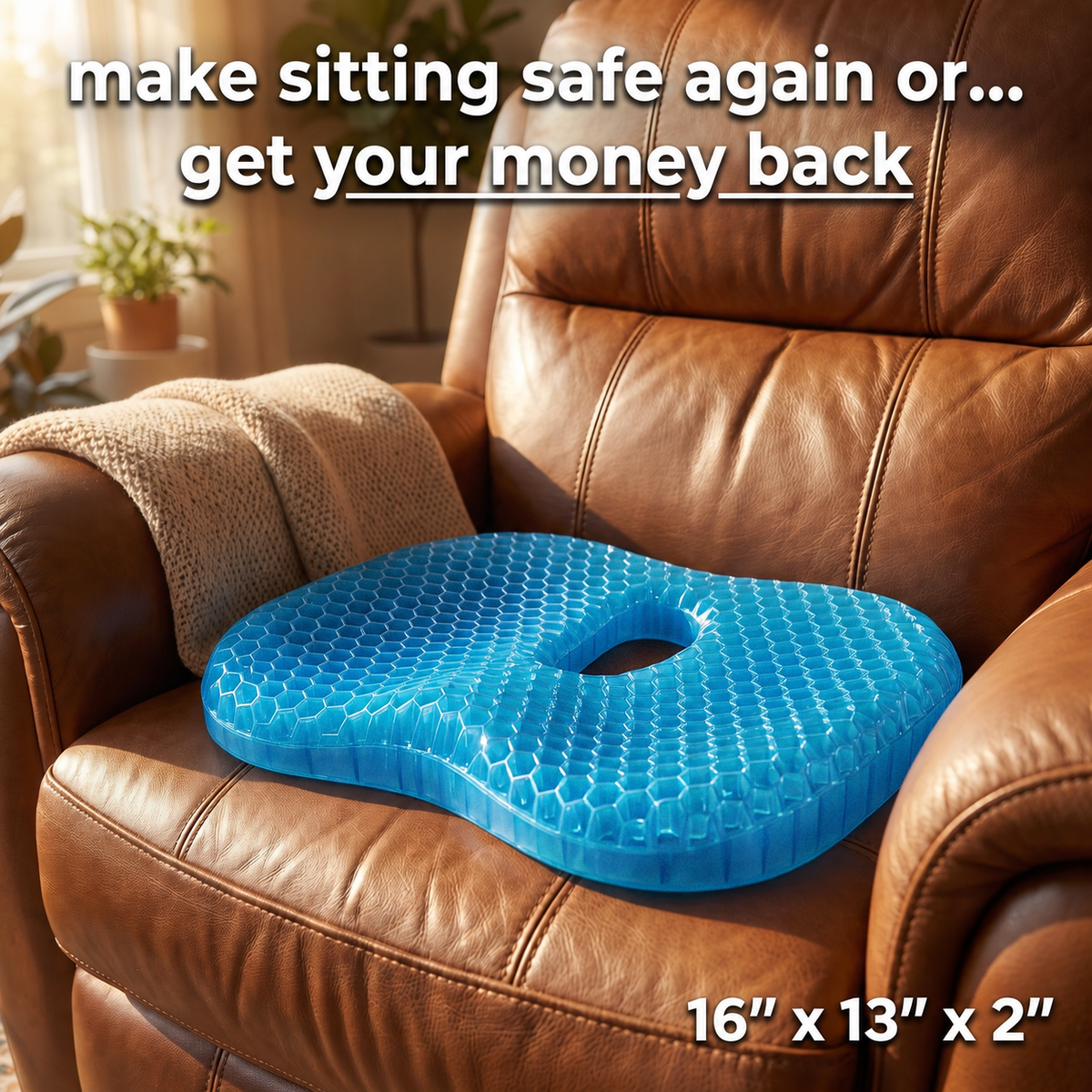 MediGel blue honeycomb gel seat cushion with a tailbone cutout